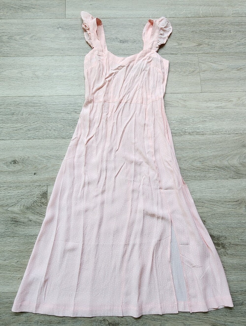 Loft Pink Polka Dot Maxi Dress Womens 0 Ruffle Sleeve Slit Nwt